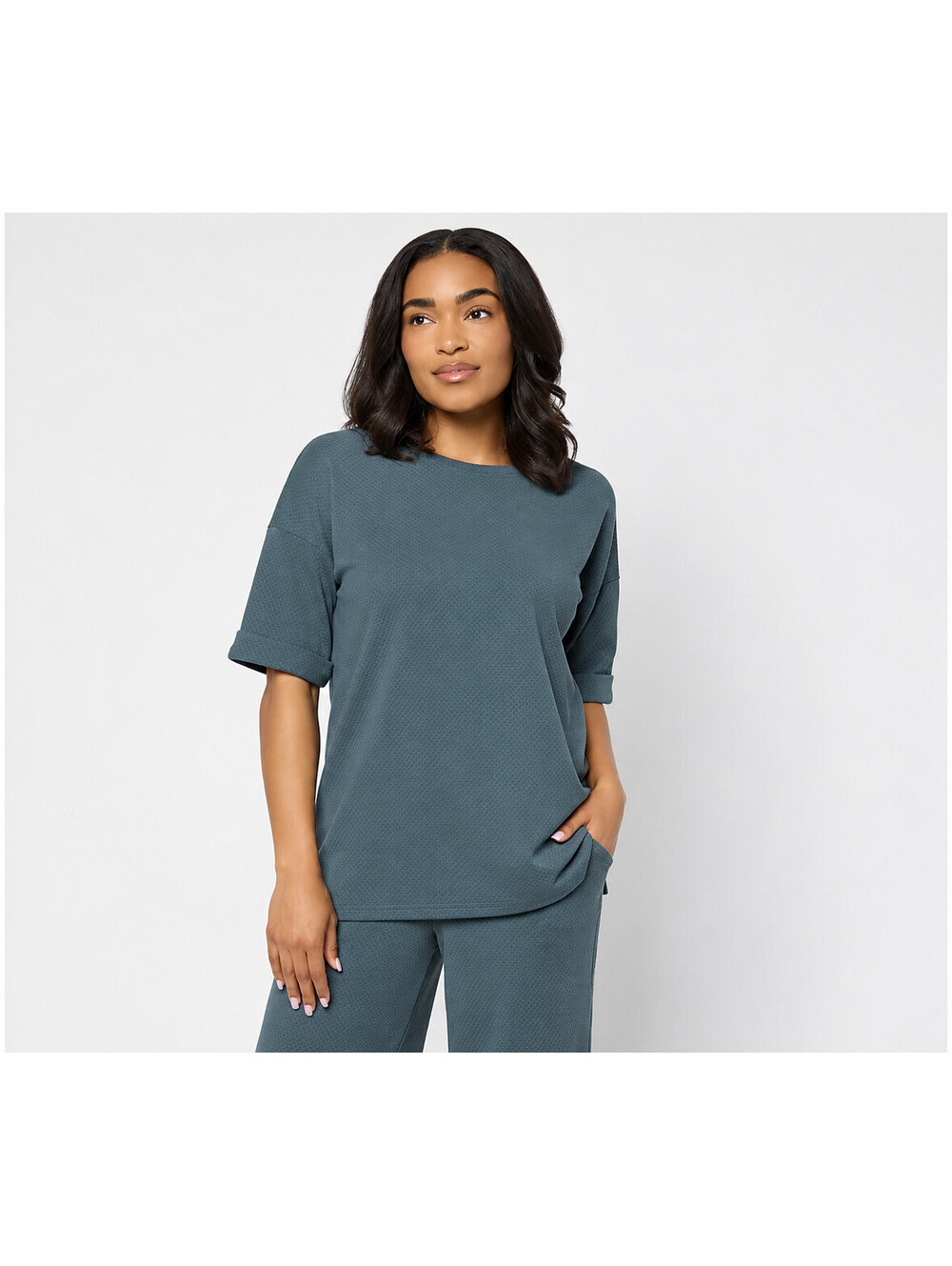 Denim & Co. Active Textured Jacquard Drop Shoulder Top Dark Slate, Size X-Large